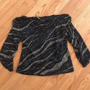 Black sheer top with silver/pearl beading